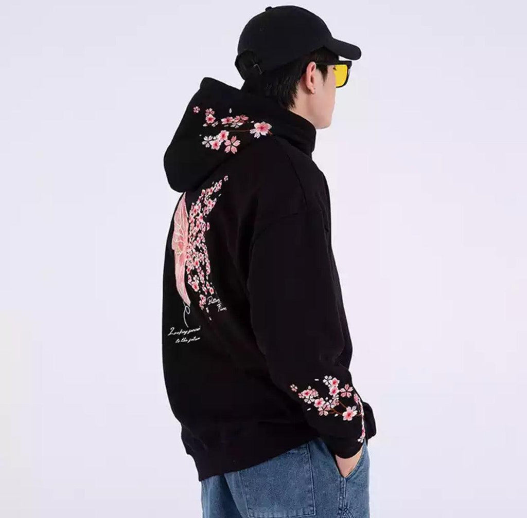 Harajuku Streetwear - Cherry Blossom Butterfly Embroidered Hoodie - Shop High Quality Japanese Streetwear, Anime Clothing, Asian Street Fashion and Many More!