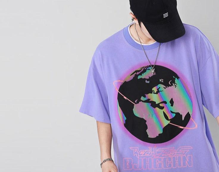 Harajuku Streetwear - BJHG 3M Reflective Rainbow Earth Tee - Shop High Quality Japanese Streetwear, Anime Clothing, Asian Street Fashion and Many More!