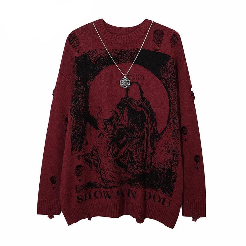 Harajuku Streetwear - "Grim Reaper" Ripped Knit Sweater - Shop High Quality Japanese Streetwear, Anime Clothing, Asian Street Fashion and Many More!