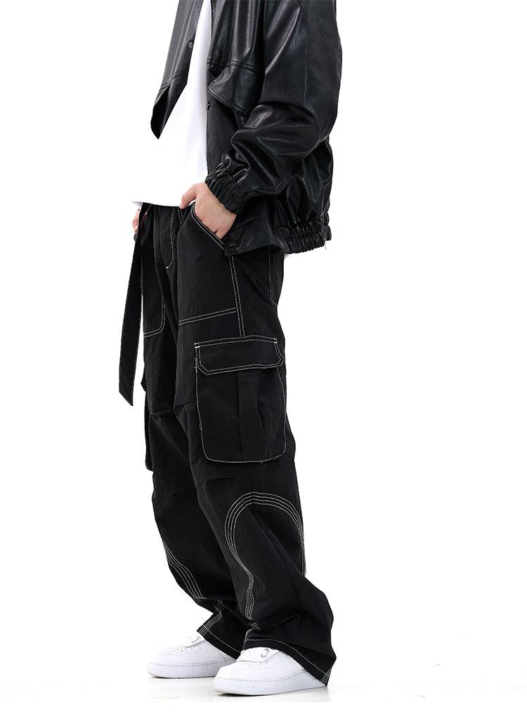 ASOS DESIGN pull on slim cargo trouser in black with white stitch | ASOS