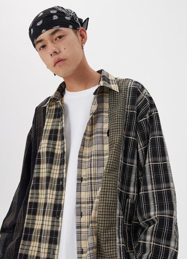 Harajuku Streetwear - COOSRETRO Spliced Flannel Button-Down Shirt - Shop High Quality Japanese Streetwear, Anime Clothing, Asian Street Fashion and Many More!