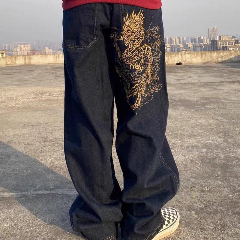Harajuku Streetwear Dragon Embroidered Denim Jeans