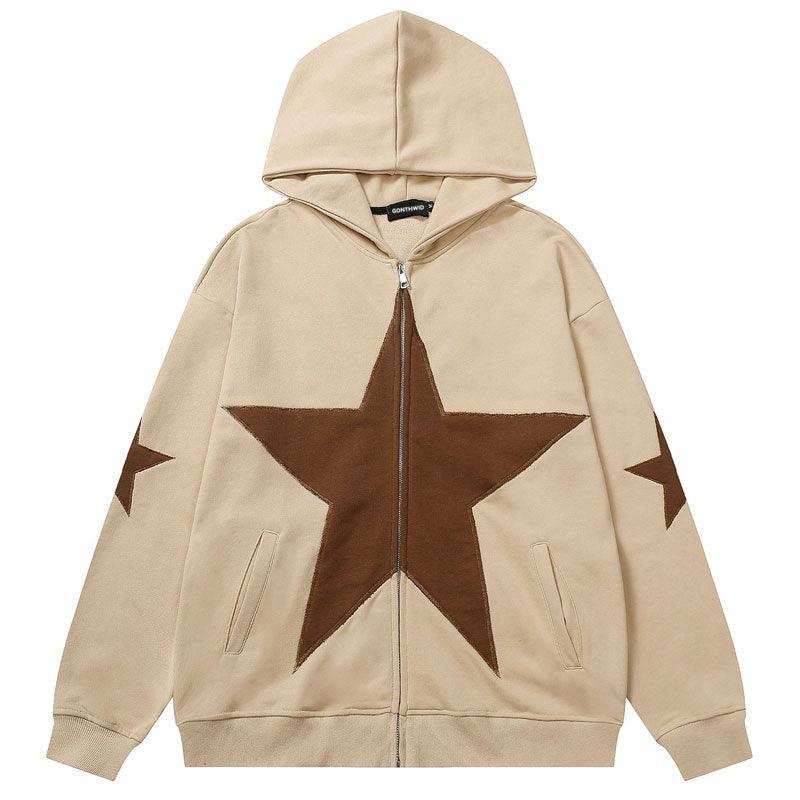 Harajuku Streetwear Star Patch Zip Up Jacket Black / L