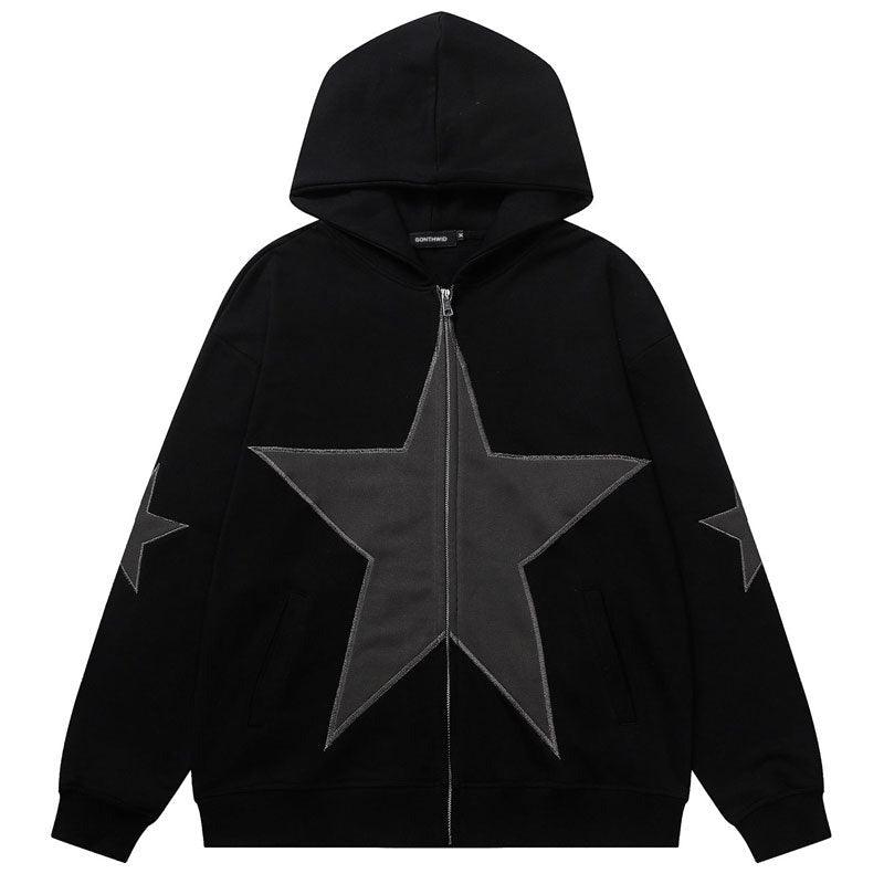 UKTZFBCTW Hip Hop Zip Up Hoodie Jacket Star Patch Zipper Hooded