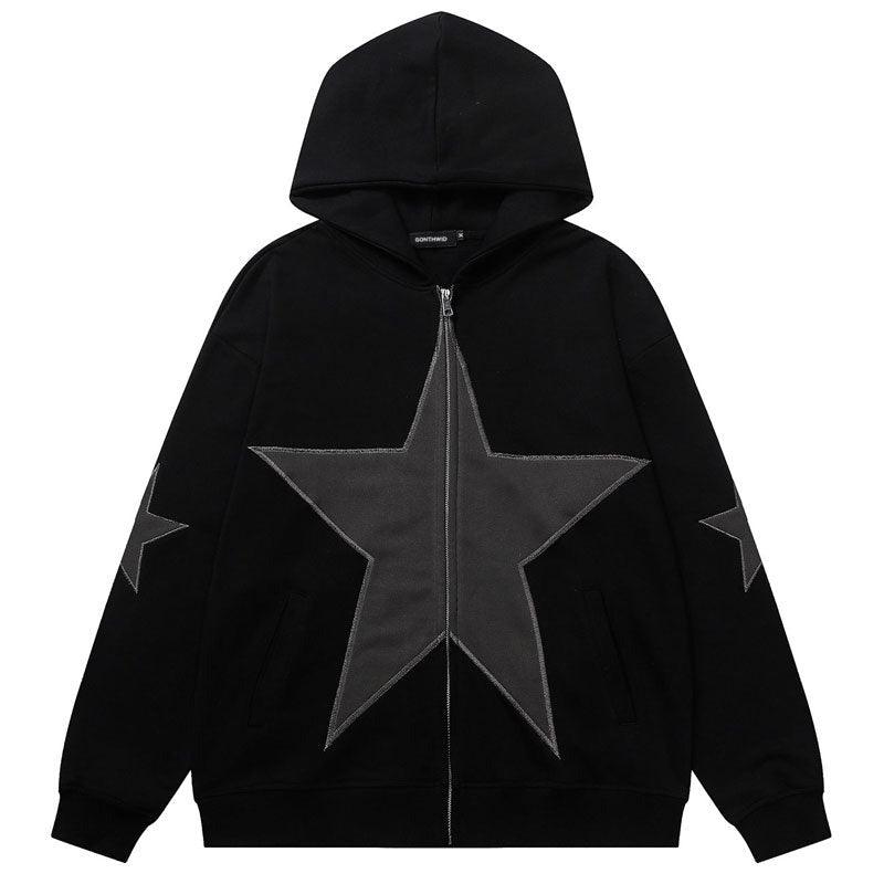 Harajuku Streetwear Star Patch Zip Up Jacket Black / L