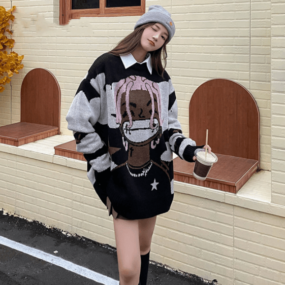 Harajuku Streetwear - “Smile” Anime Knit Sweater - Shop High Quality Japanese Streetwear, Anime Clothing, Asian Street Fashion and Many More!